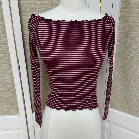 Hollister Tops - Hollister Ribbed Lettuce Hem Crop Top Burgundy Stripe Off Shoulder Y2K Small